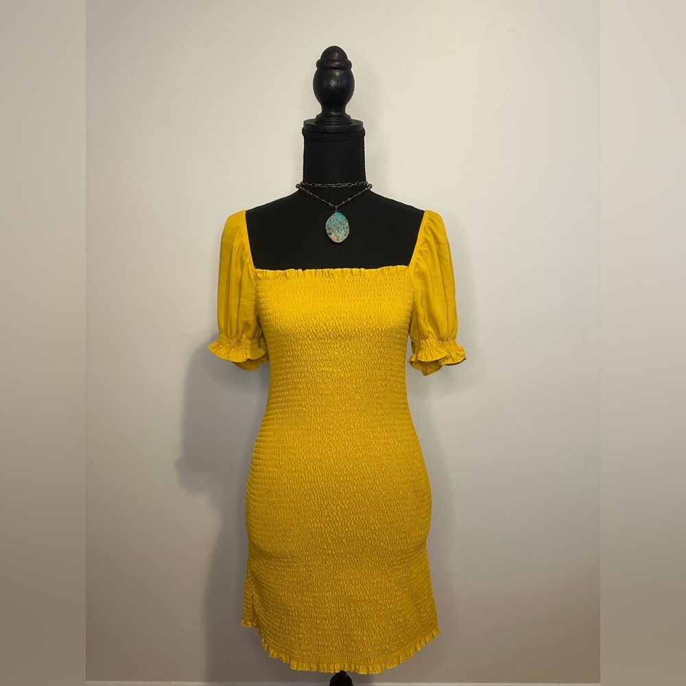 Sunflower Yellow Puff-Sleeved Shirred Dress